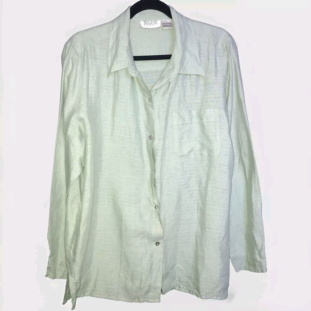 Selene Sport Shirt Large 100% Linen Button Up Long Sleeve Light Green Front Pckt